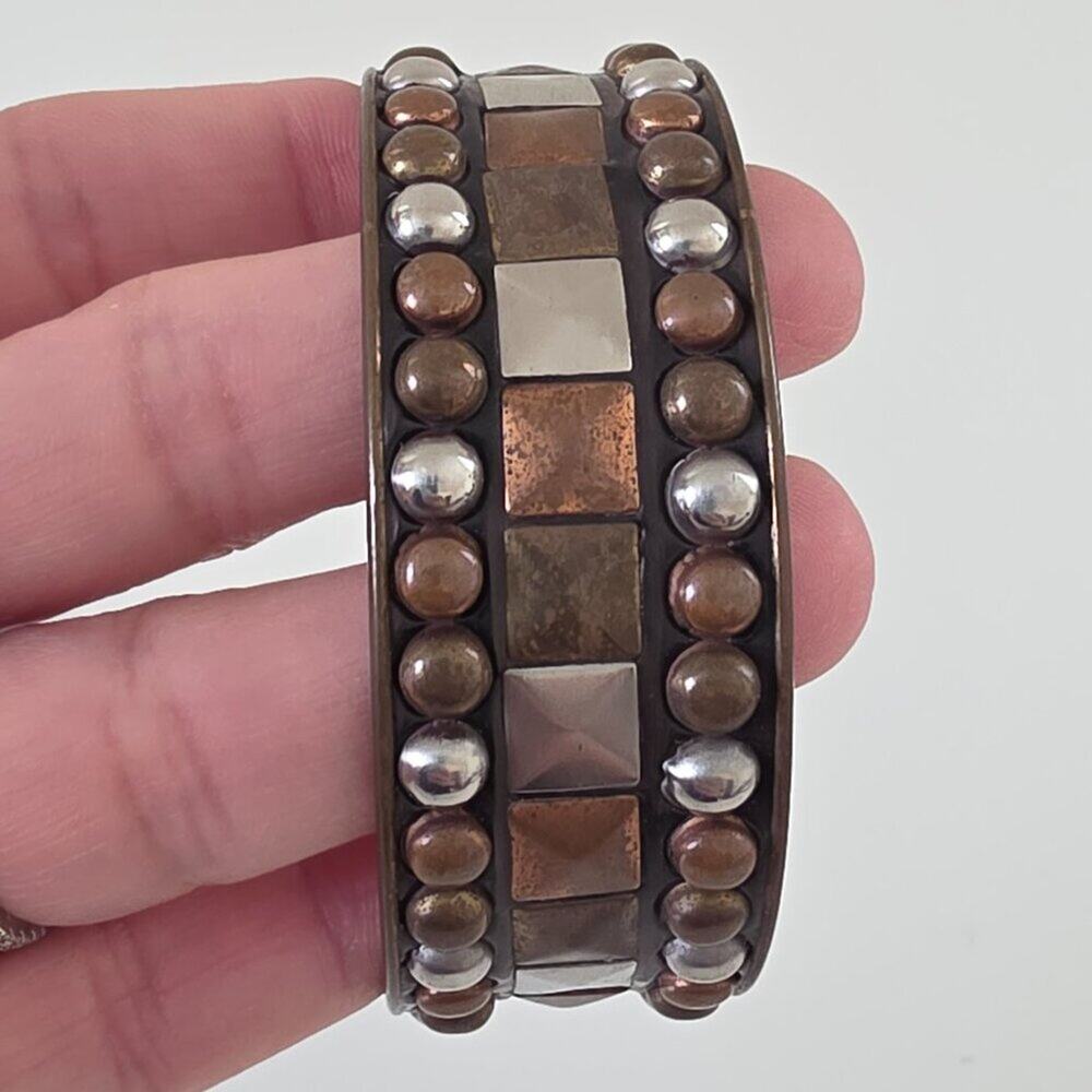 Vintage Wide Mixed Metal Studded Bangle Bracelet Copper Brass Silver One Size - Picture 7 of 11